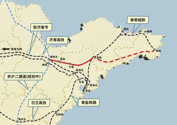 高铁潍坊北站,向东经昌邑市,平度市,终至既有的青荣城际铁路莱西北站