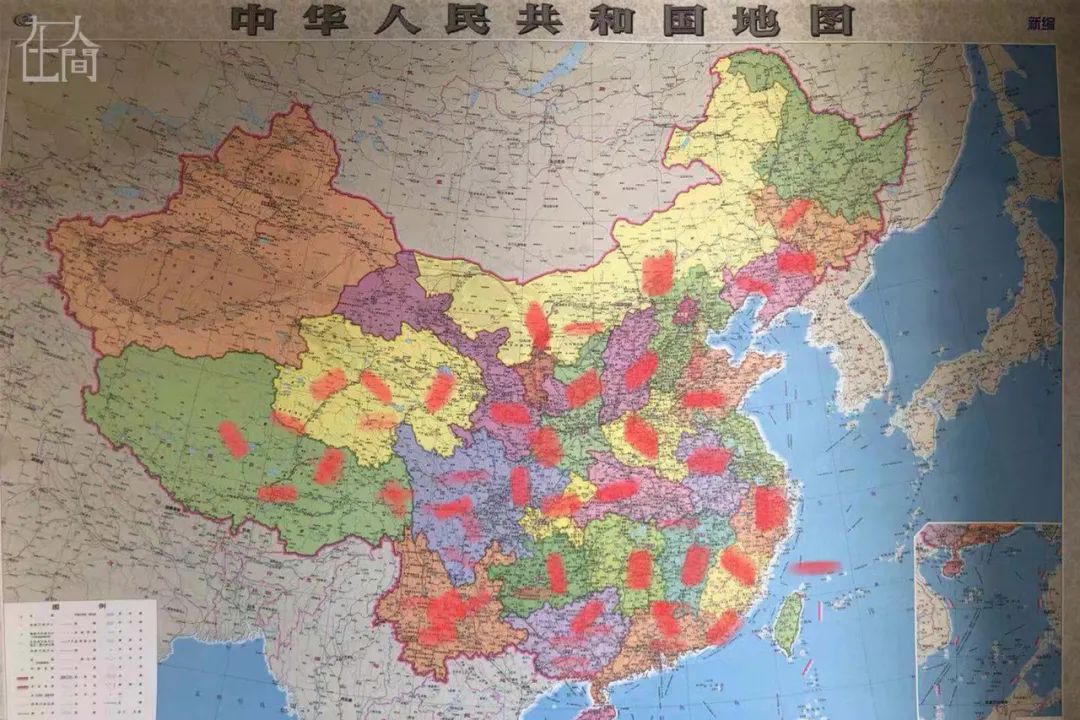 何树军在中国地图上标注自己曾经去过的地方.