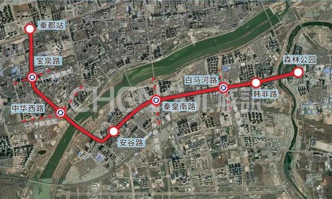 地铁1号线三期(咸阳秦都站-沣河森林公园),线路沿彩虹二路及世纪大道