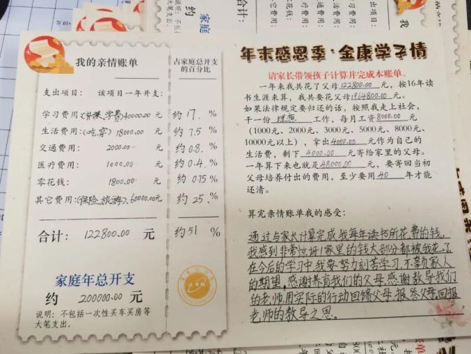 江南都市报除了支出项目,金康园小学的学生们还在亲情账单中计算了