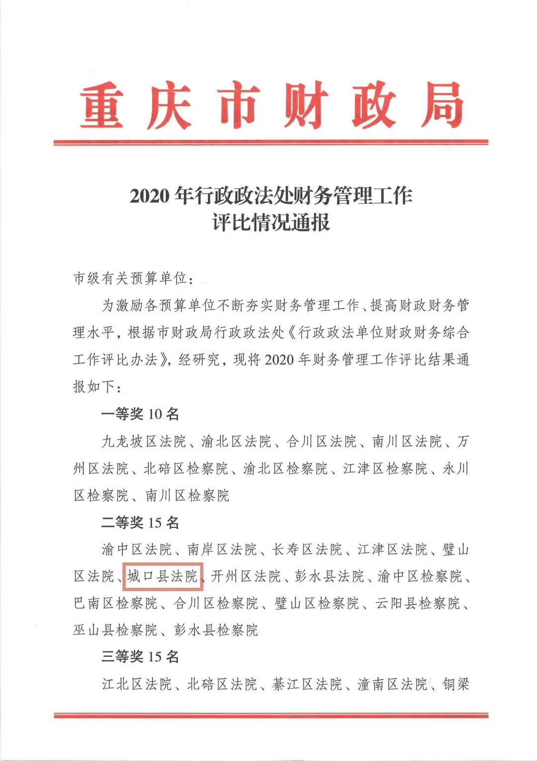 喜报！城口法院财务管理工作荣获二等奖！（最新发布）