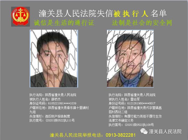 法院公告陕西省潼关县人民法院失信被执行人名单2021年第1期