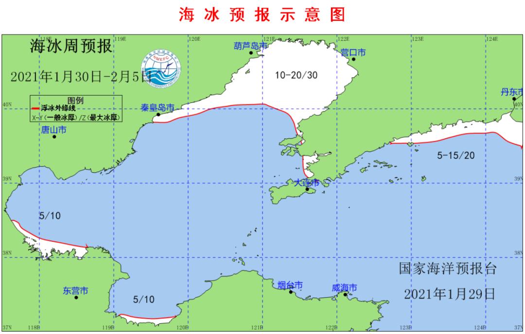 1月28日:辽东湾浮冰范围56海里;黄海北部浮冰范围2海里;渤海湾和莱州