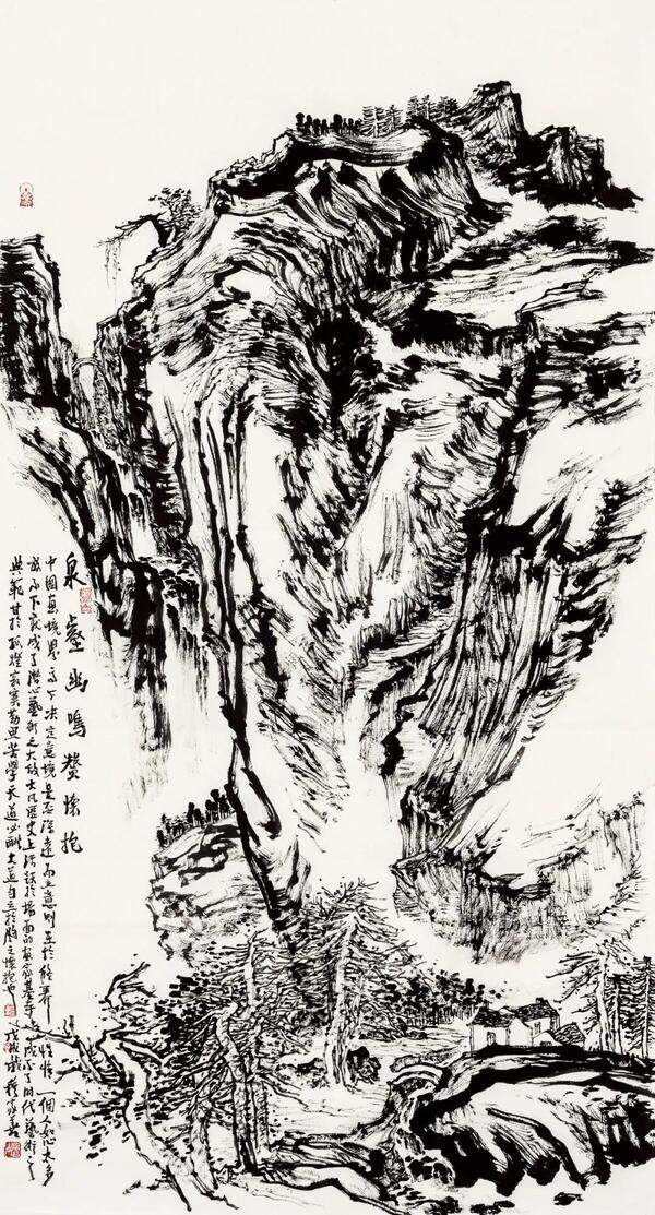 穆家善《泉壑幽鸣赞怀抱》焦墨画 178×96cm 2018年