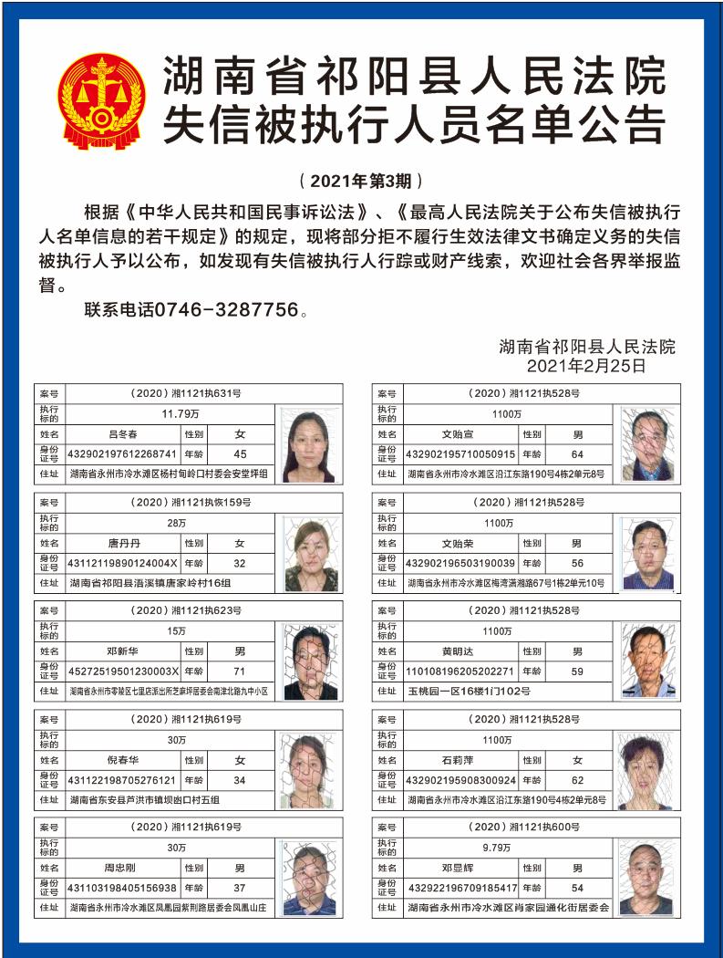 祁阳县人民法院失信被执行人员名单公告(2021年第3期)