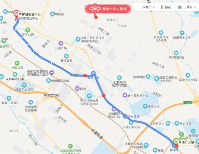 线路走向:原线路不变起讫点:郫都区客运中心站—犀浦公交站调整优化