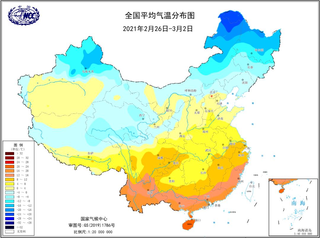 分布图 与常年相比,江南南部,华南北部部分地区入春时间较常年偏早10