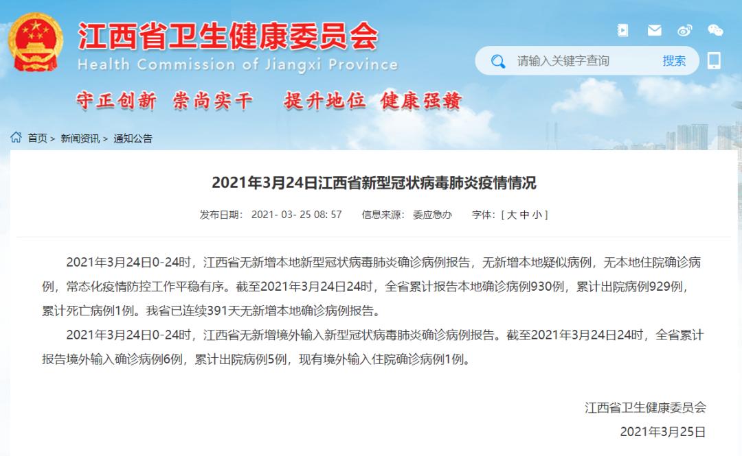 2021年3月24日江西省,南昌市新型冠状病毒肺炎疫情情况