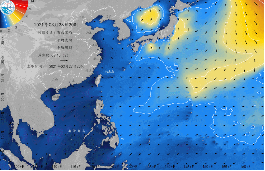 3米的中浪区;渤海,黄海有0.8到1.5米的轻浪到中