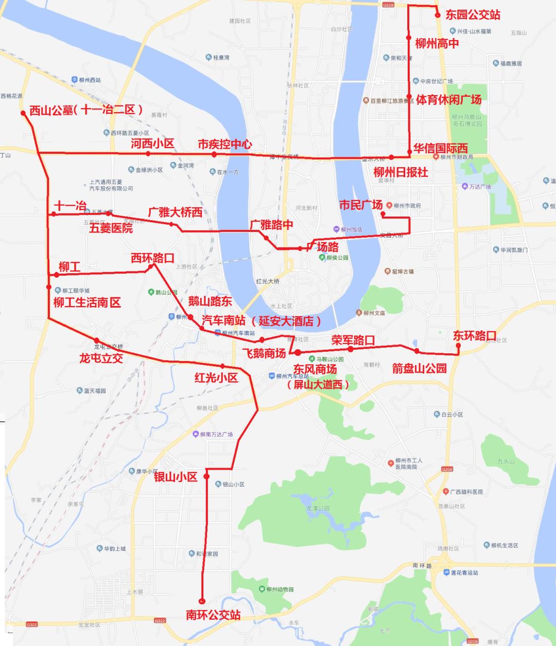 下车站点:十一冶二区(西山公墓)—河西小区-市疾控中心-柳州日报社