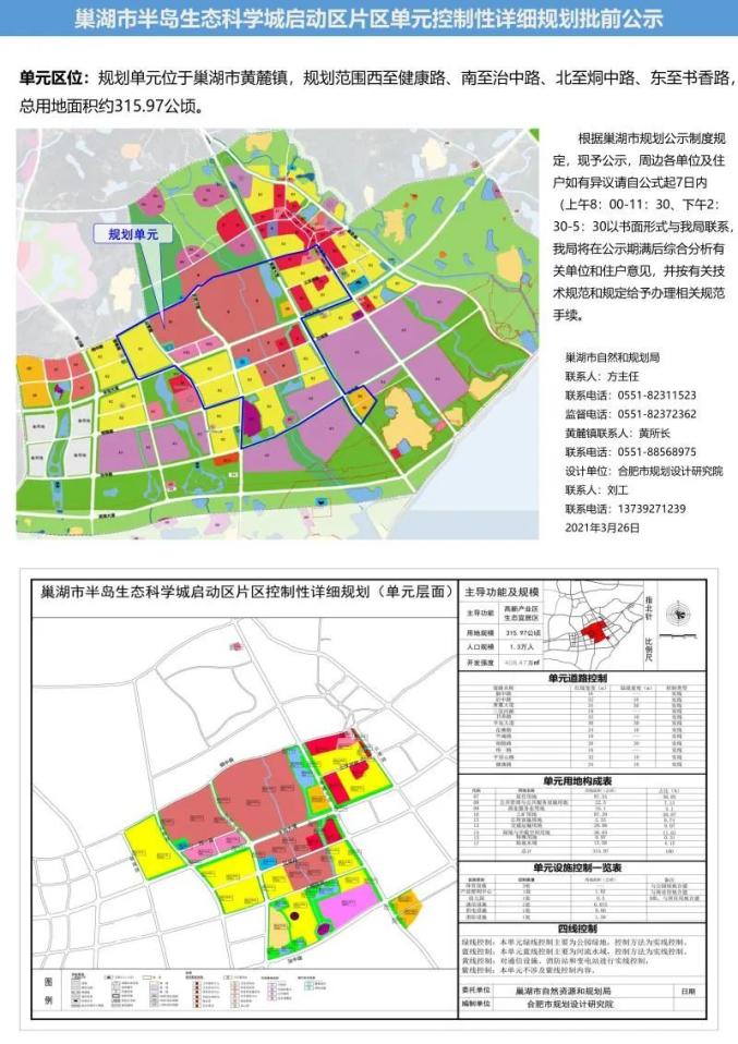 巢湖市半岛生态科学城启动区片区单元控制性详细规划批前公示