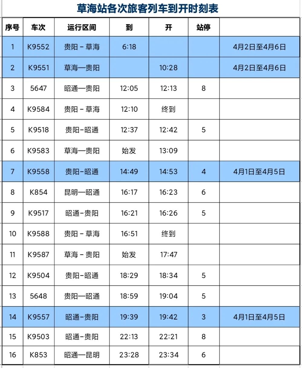 好消息!草海火车站清明节期间加开4趟列车(附列车时刻表)