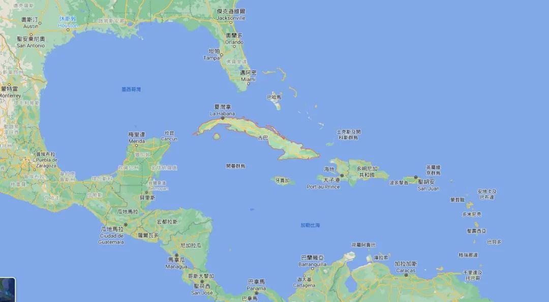 古巴岛是加勒比海域中面积最大的岛屿,它分割了墨西哥湾,加勒比海与大