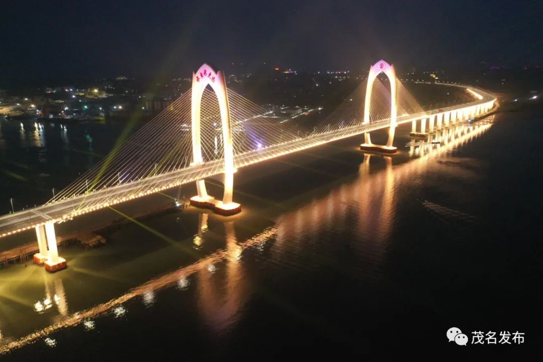 在灯光的装饰下流光溢彩 如同竖起的彩虹一般 景色迷人大桥连接水东湾