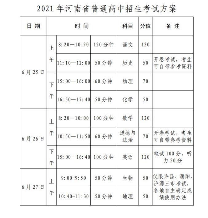 速看2021河南中招考试时间录取安排公布