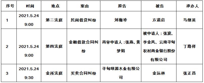 寻甸法院开庭排期表20215242021528