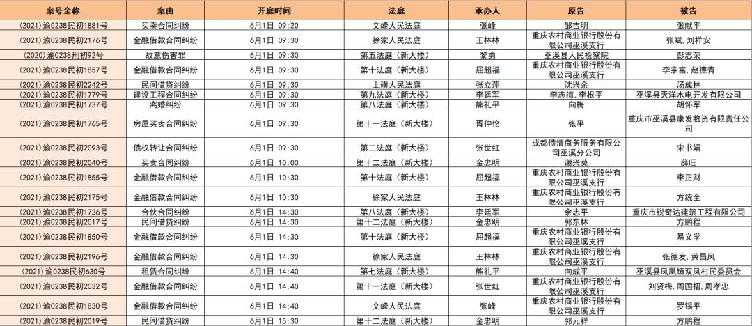 重庆巫溪法院庭审排期表