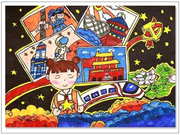 6岁作者:陈宁悦▲ 作品名《党辉下全国人民欢庆美好生活》—— 幼儿组