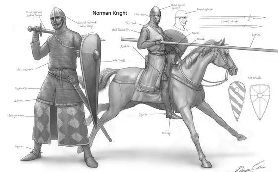 诺曼骑士的装备十分精良,标志性的装备为带护颈护鼻的圆锥形铁皮头盔