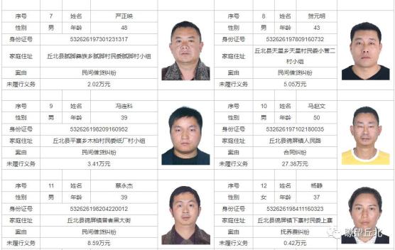 丘北县人民法院失信被执行人名单公告