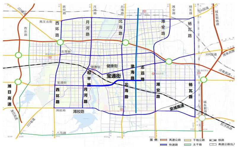 道路断面为高架6车道,地面8车道,共14车道.