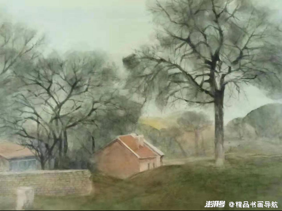 水彩《土坡下红房子》54cm×74cm
