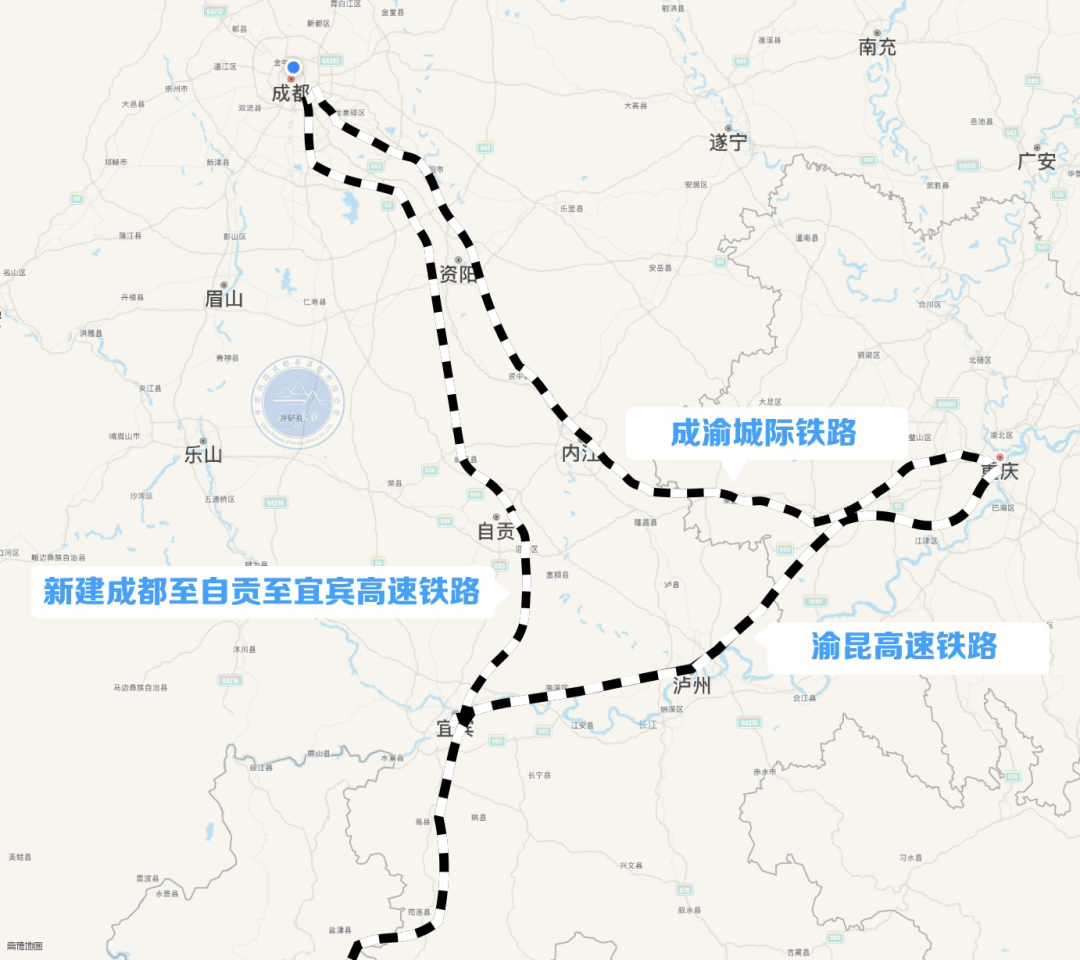 成渝城际铁路,渝昆高铁,成都至自贡至宜宾高铁线路走向示意图.