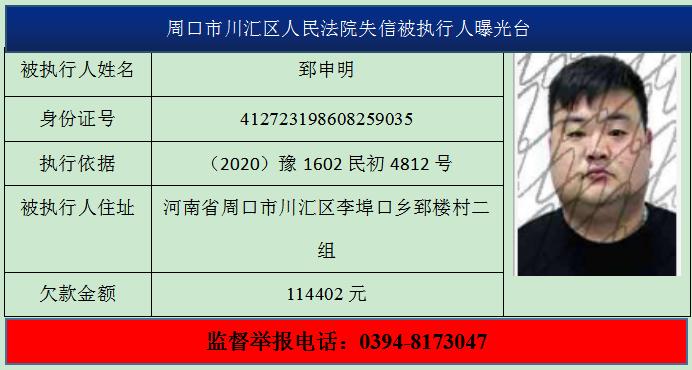 川汇区人民法院2021年第九批失信被执行人名单