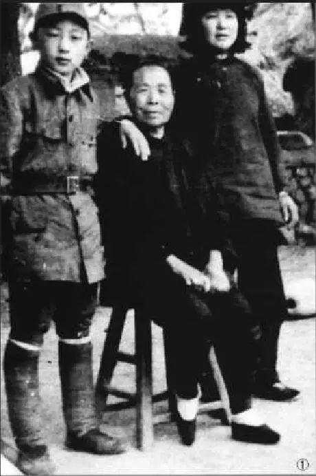 图为冀东小八路与"八路军母亲"杨妈妈合影.根据地妇女组成的担架队.