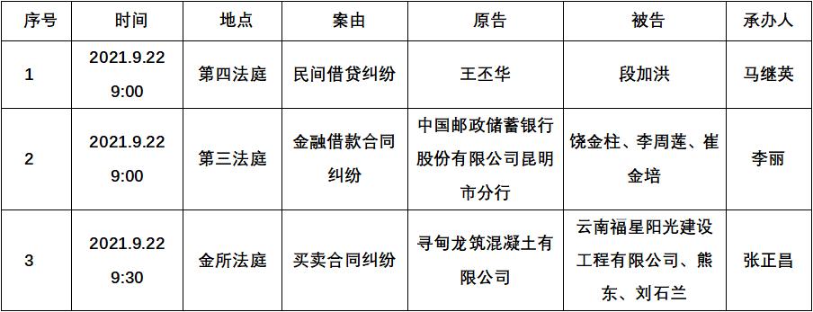 寻甸法院开庭排期表2021.9.22-2021.9.24