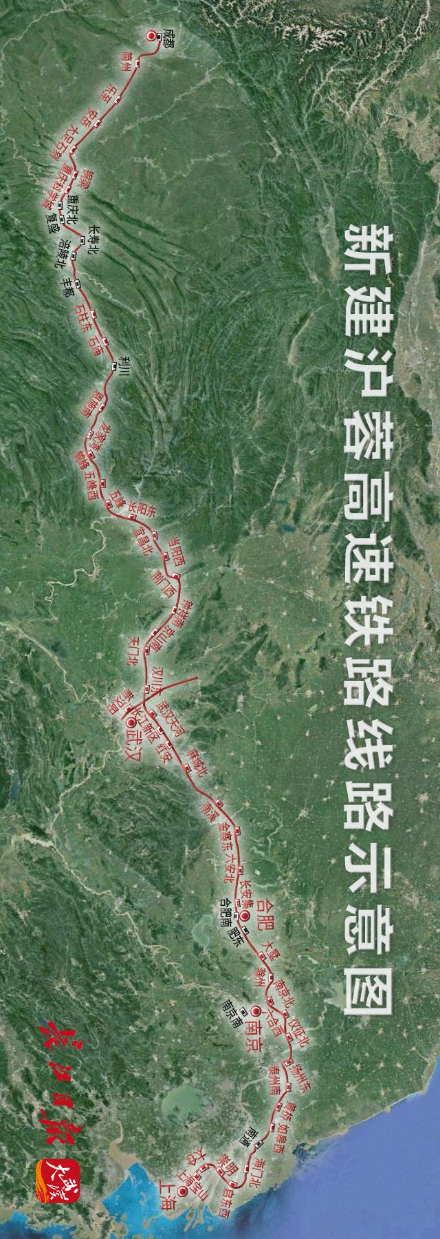 沿江高铁湖北段由合肥至武汉,武汉枢纽直通线,武汉至宜昌,宜昌至涪陵