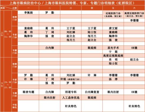 年10月门诊排班表,大家可以通过上海市眼病防治中心官方微信公众号