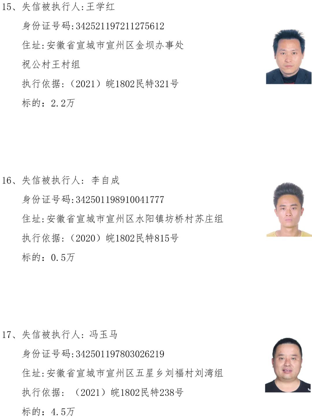 失信名单我院公布2021年度第九期失信被执行人个人信息