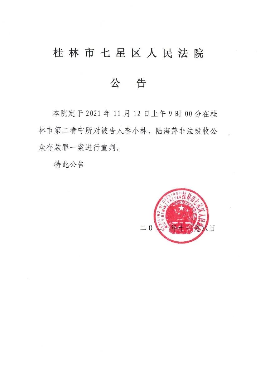 法院关于对被告人李小林陆海萍非法吸收公众存款罪一案进行宣判的公告