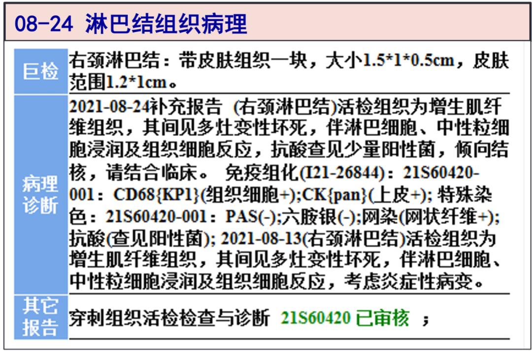 08-31 淋巴结组织分枝杆菌培养回报:结核分枝杆菌阳性.