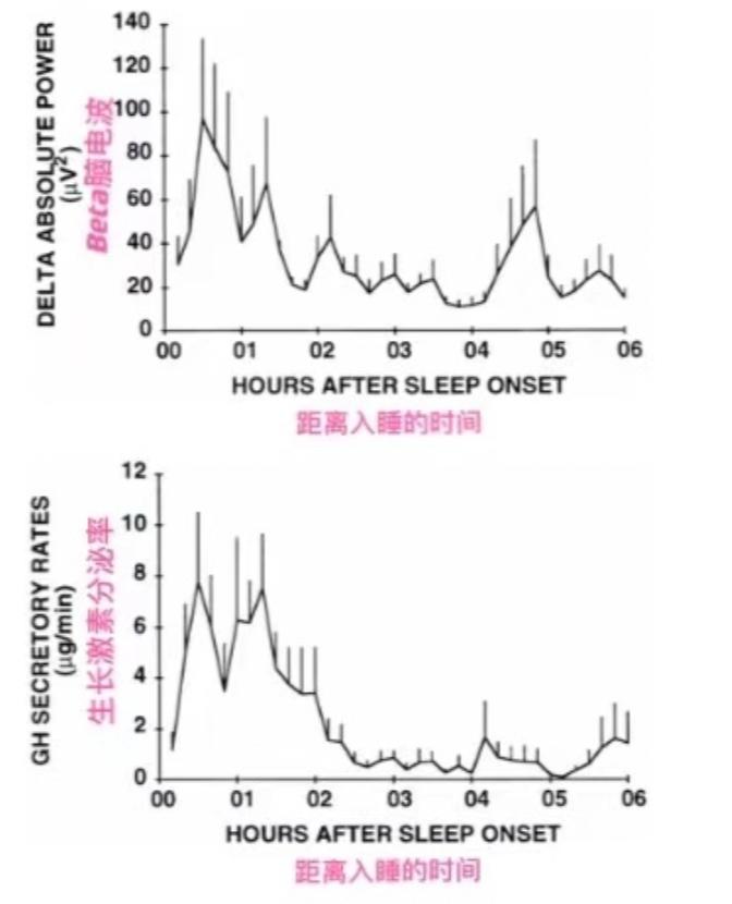 beta 脑电波(即深睡眠阶段)在入睡后的变化规律,图二表示了生长激素