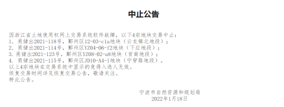 省土地使用权网上交易系统软件故障,上述4宗出现结果的地块交易中止