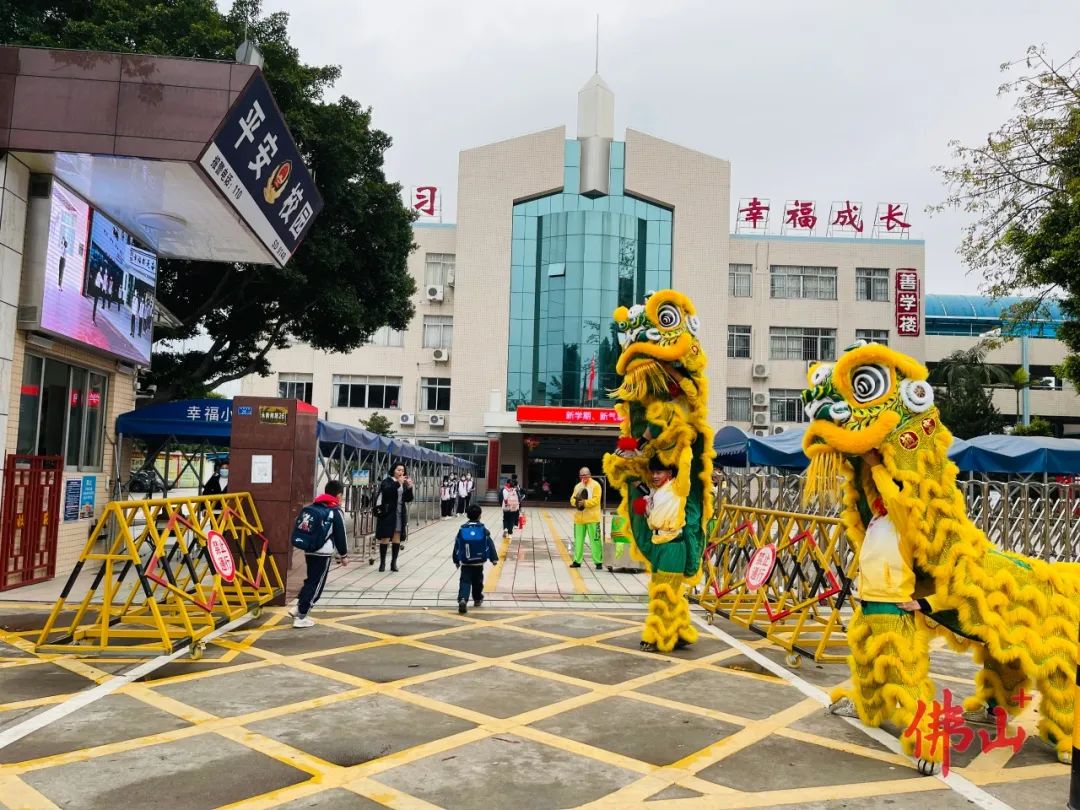 容桂幸福陈占梅小学以舞狮队迎接回校的学子,走进教室给师生送去祝福.