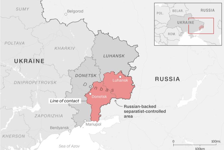 "顿涅茨克人民共和国"和"卢甘斯克人民共和国"范围(红色部分)