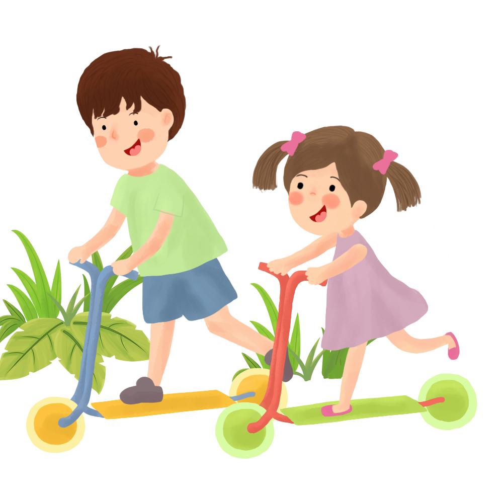 两名四五岁的小朋友骑着滑板车在大马路上你追我赶正值高峰时期他们竟