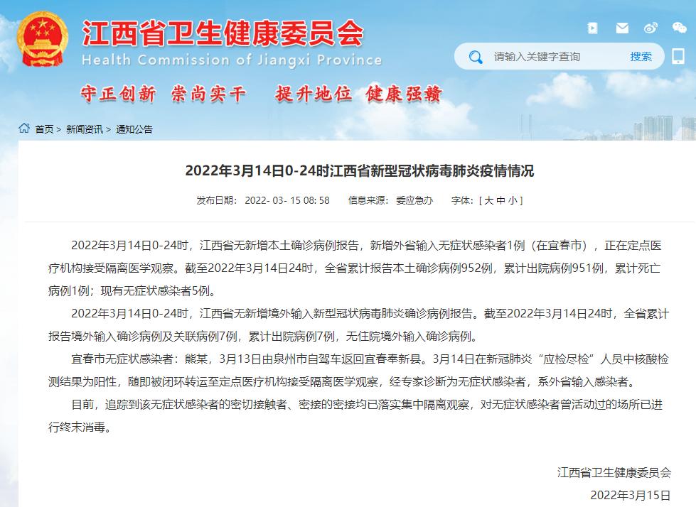 2022年3月14日江西省南昌市新型冠状病毒肺炎疫情情况