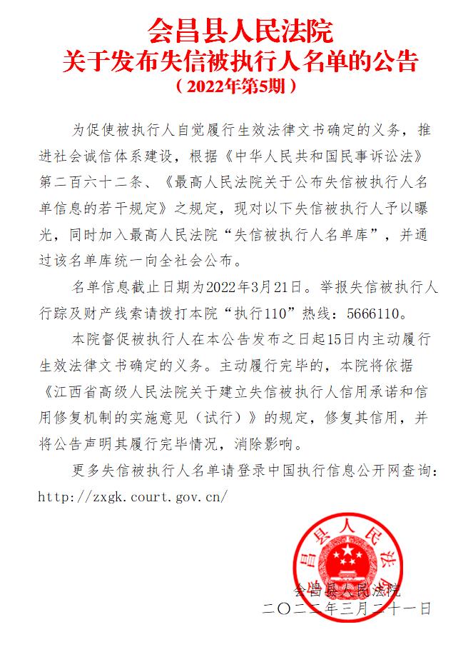 会昌法院失信被执行人名单2022年第5期