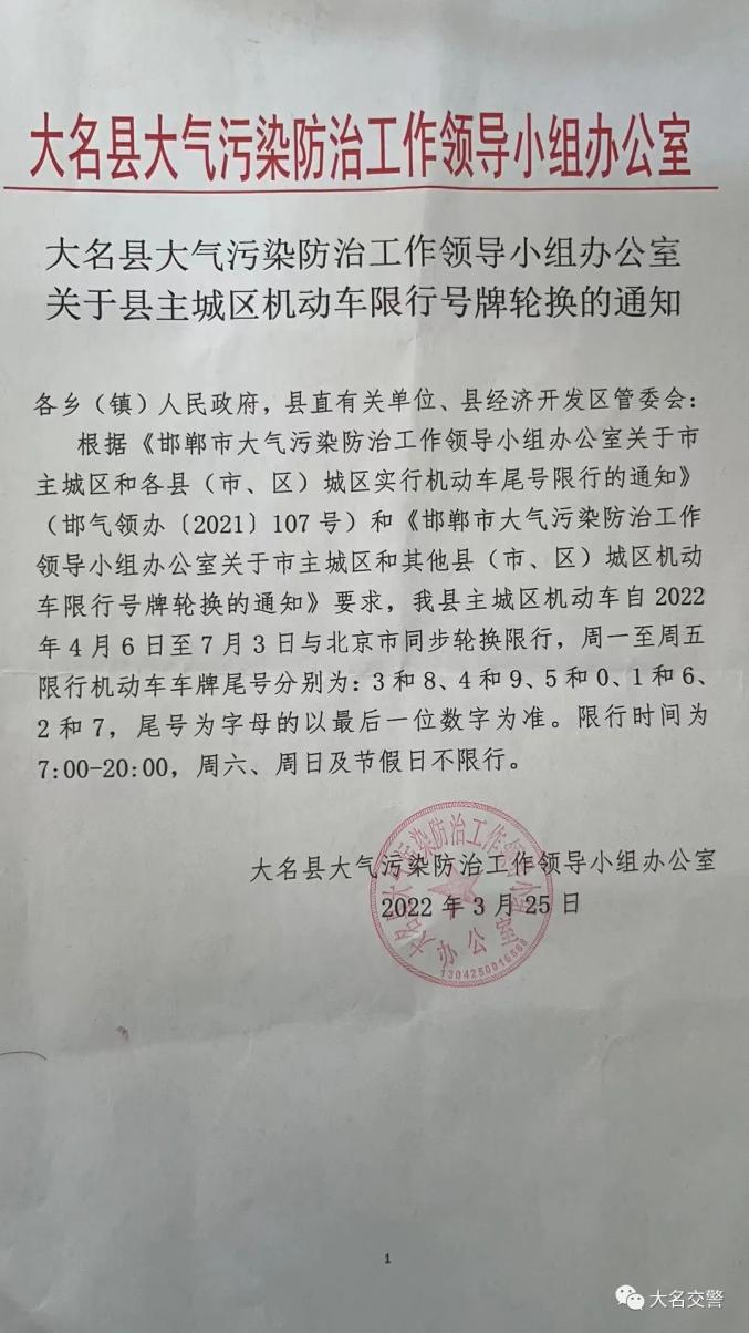 67大名县大气污染防治工作领导小组办公室关于县主城区机动车限行