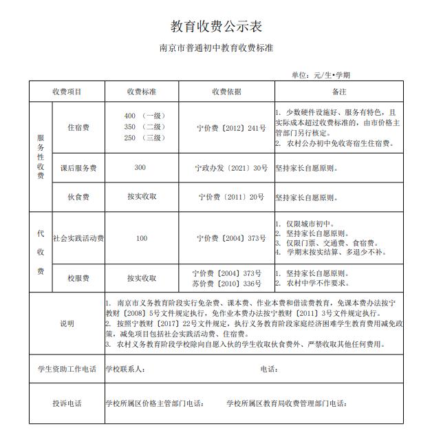 学费在500-850元,严禁军训收费初中,社会实践费用100元小学,课后服务