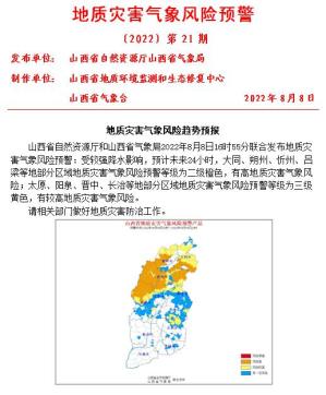 水利厅和山西省气象局2022年8月8日17时联合发布山洪灾害气象风险预警