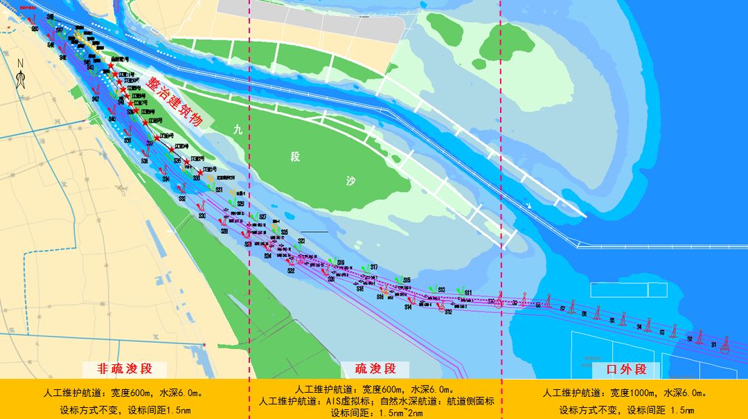 在疏浚段,自然水深航道边界采用侧面标(红绿灯浮)标识,人工维护航道