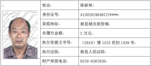 新县人民法院失信被执行人2020年第一期