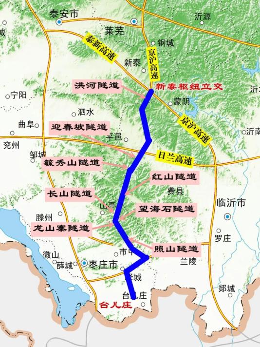 55公里南至台儿庄北起京沪高速新泰枢纽立交新台高速△新台高速路线