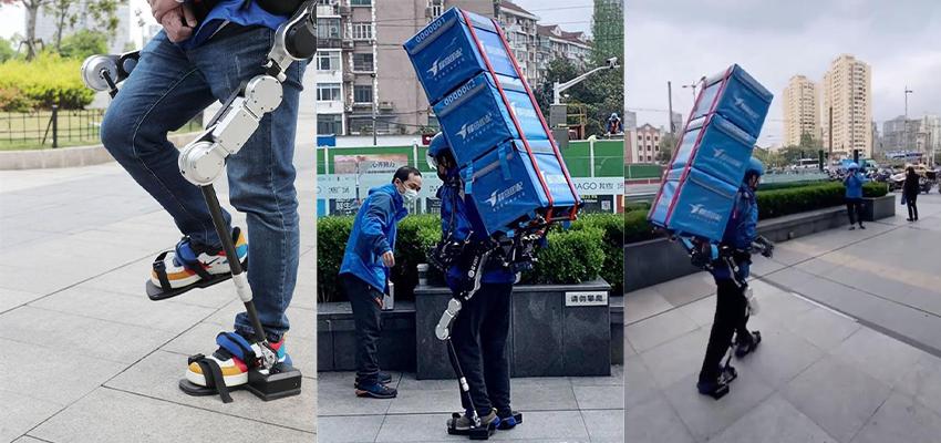 骨骼机器人送餐外卖小哥背百斤重物轻松上楼