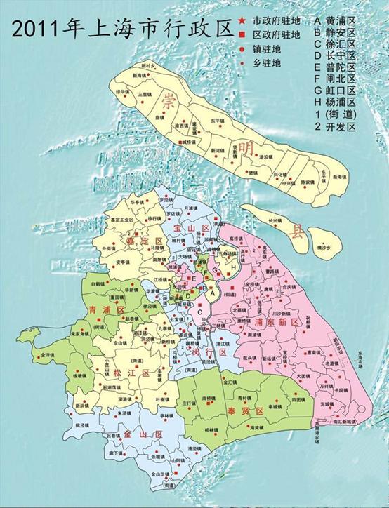 南汇并入浦东新区后的上海行政区划(闸北还未并入静安,此外除了崇明